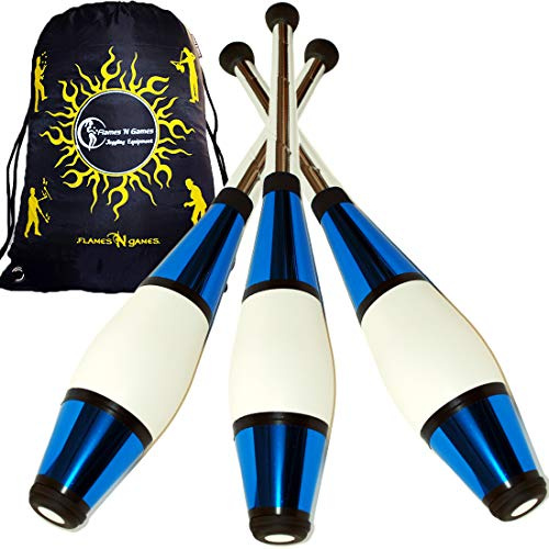 Juggle Dream Euro Pro Giocoleria Club Set Di 3 (12 Colore Combos Metallico Decorazione da Ginnastica Club + Flames N Games Borsa Viaggio! Ottima Giocoleria Per Principianti & Advanced Giocolieri - Blu