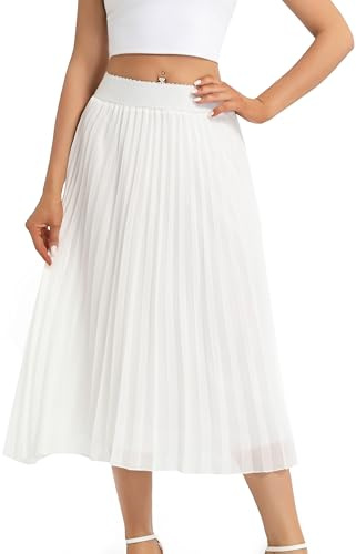 TEERFU Women's Casual High Waist A Line Pleated Midi Swing Skirt Stretch Waist White S