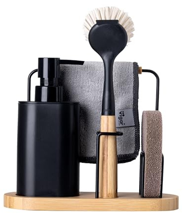 VIGAR - Organizador Fregadero - con Dosificafor de Jabón de 350 ml - 22 x 8,5 x 26 cm - Vintage - con Esponja, Bayeta y Cepillo Lavaplatos - para Fregar Platos - Negro y Bambú