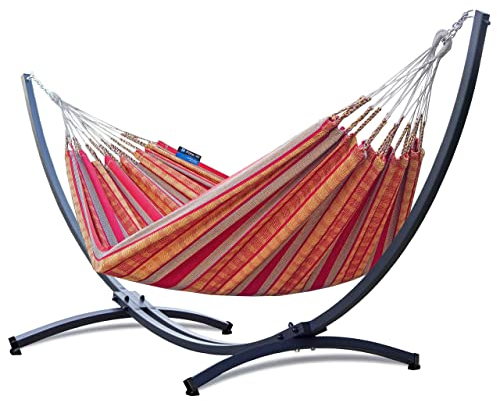 Potenza Outdoor Hängematte mit Gestell für 2 Personen I Pereira - 100% Baumwolle Doppelhängematte 220x140 cm, 160kg I Hängemattengestell 220kg, wetterfest (Mandarin, Basic Gestell Graphit)