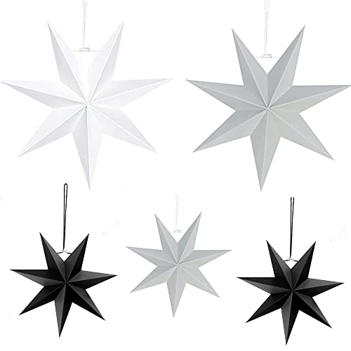 5 Stück Papiersterne für Weihnachts Deko, 7 Zacken Weihnachtspapiersterne, 25cm x 3 + 40cm x 2, Skandinavisch Papiersterne für Weihnachtsdekoration, Fensterdekoration,Advent,DIY (Weiß,Grau,Schwarz)