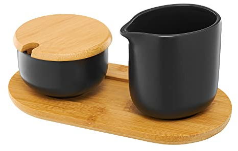 AMBITION Zuckerdose Milchkännchen Set schwarz matt Milchbehälter & Zuckerbehälter Bambusbrett Natural Kollektion