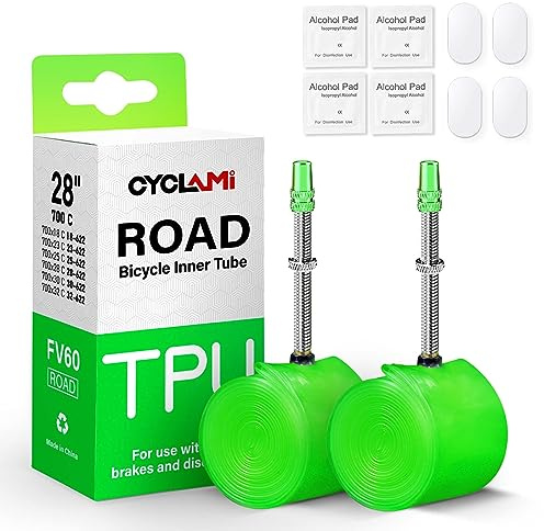 CYCLAMI 2-Pack Ultralight TPU Bike Inner Tube 38g 700C Road Bicycle Tire 28“ 700 x 18 23 25 28 30 32c Metal Valve Length Presta 2.36''/60mm Super Light (Includes 4 PCS Bike Tube Patch Repair Kit)