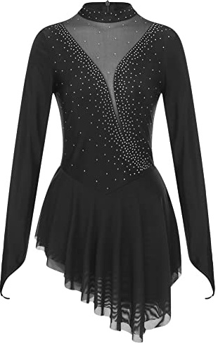 CHICTRY Women's Figure Ice Skating Dresses Glittery Sheer Mesh Gymnastic Leotard Dress Lyrical Dancewear A02 Black S