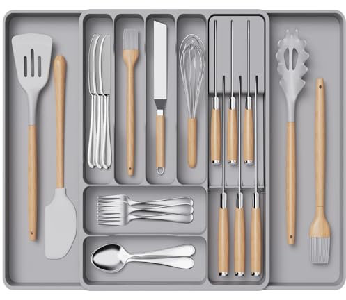 Lifewit Portaposate a cassetto espandibile, Porta posate cucina cassetto, Portaposate regolabile con supporto per coltelli rimovibile, Organizer posate da cassetto, Scatola porta posate, Grande,Grigio