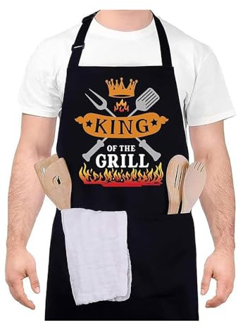 HSAJS Delantales de Cocina Hombre Ajustable Delantales de Cocina con 3 Bolsillo Impermeables Aprons Negro Delantal para Papá, Esposo Personalizado Regalo Delantal para Barbacoa Cocina