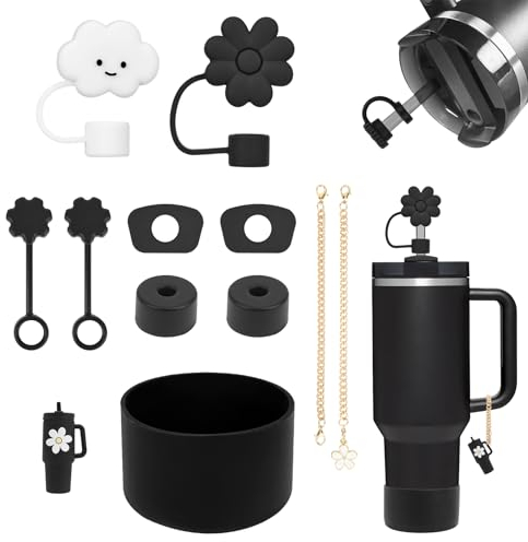 11 Stanley Water Bottle Accessories, Including 6 Stanley Cup Spill Protectors, 2 Silicone Straw Caps, 2 Charm Accessories, 1 Silicone Sleeve for (Black Tonal)