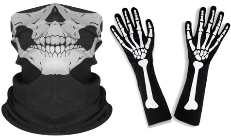 Gants squelette d'Halloween de 38 cm de long et masque de tête de mort demi-fantôme pour adulte, Halloween, cosplay, danse, fête costumée