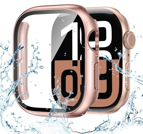 Kamita Waterproof Case for Apple Watch Series 11/10 Screen Protector 42mm | Hard PC Bumper Case Built-in Tempered Glass Film, Shockproof Overall Protective Cover for iWatch 42mm, Rose Gold