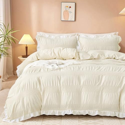 Guchuang Bedding Cream White Seersucker Duvet Cover Set Double Size, Ruffled Trim 3-Piece Microfiber Bedding Set - Wrinkle-Resistant & Lightweight Design with Hidden Zipper (Double, 200x200cm)