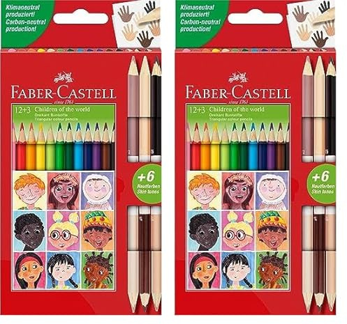 Faber-Castell 511514 - Buntstifte Set dreikant, 15-teilig, inkl. Bicolor Hautfarben, für Kinder und Erwachsene (Packung mit 2)