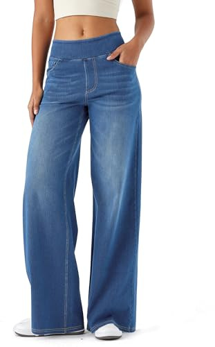 LaiEr Large Denim Wide Leg Pants for Women, High Waisted and Slimming with Multiple Pockets, Straight Tube, Loose fit, Cat Whisker, Marbling wash Craft, High Elasticity Casual Jeans
