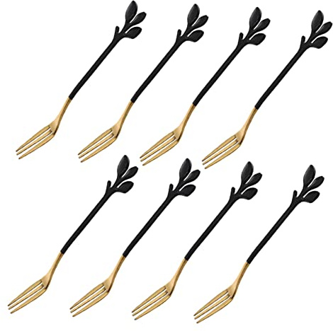 Luxshiny 8 pièces Fourchettes à Dessert Acier Inoxydable Noir et Or pour Fruits Gâteaux et Snacks Ustensiles et pour Maison
