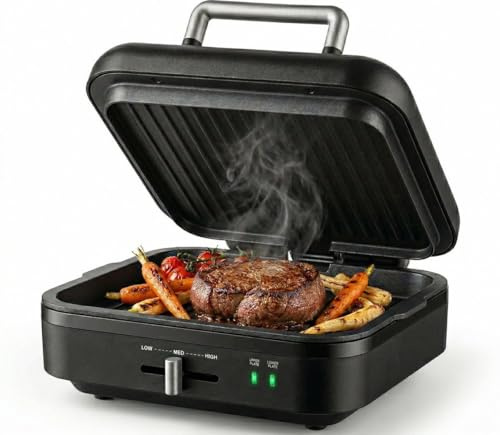 Gadgy Kontaktgrill – Elektrische Tischgrill mit abnehmbarem Grillboden – Einstellbare Temperatur – Ein- & Doppelseitiges Grillen – Antihaftbeschichtung – 1400W – Matt Schwarz/Silber