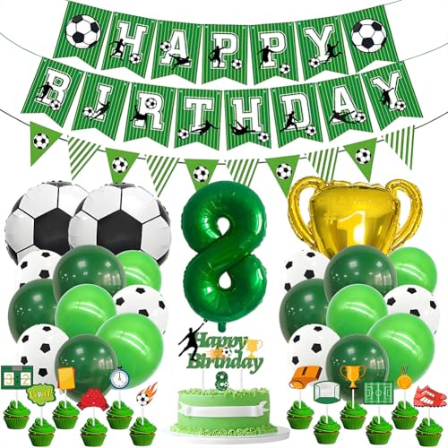 Set Decorazioni Compleanno 8 anns - Palloncino Alluminio Numero 8 Verde, Palloncino Calcio, Ballons Lattice Verde, Candela Compleanno 8, con Cake Topper Calcio, per Bambini 8 Anniversario Party