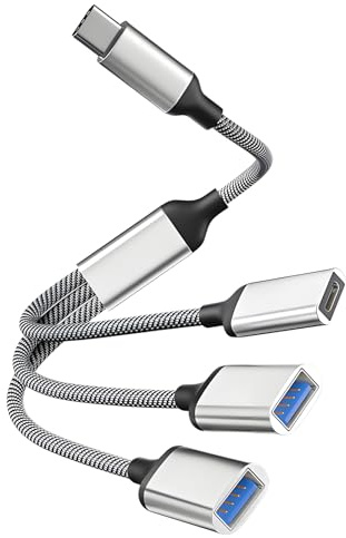 Leloco USB C Splitter 1 zu 3, 60W PD & Daten Adapter für Laptop Silber | USB C Verteiler mit 1x Typ-C (60W) & 2x USB-A (480Mbps). Kompaktes USB C Y Kabel in Silber, ideal für MacBook, PS5 & Handy.