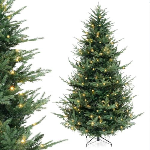 COSTWAY 240 cm konstgjord julgran med belysning, gran med 450 varma vita LED-lampor och 8 ljuslägen, julgran med gångjärnsstruktur, konstträd, jul för hem, grön