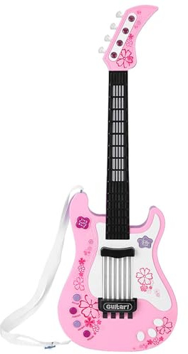Chitarra elettrica per bambini PolyGen con quattro modalità di riproduzione, luci ritmiche e ingresso per microfono esterno, questa chitarra elettronica per bambini è progettata (Rosa)