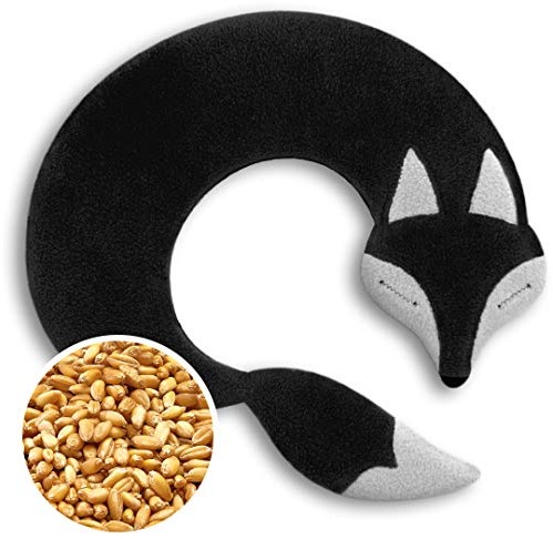 LESCHI Coussin chauffant - Bouillotte micro-ondes - Animal : renard noir - Bouillotte graines de blé bio souple - Idéal pour se réchauffer en hiver et tensions au niveau cou, épaules, nuque