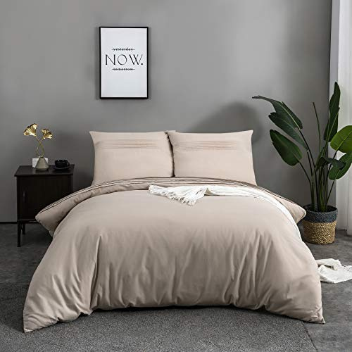 MOHAP 100% Coton Sets de Housse de Couette 220x240 cm Beige Parure de Lit Haut Gamme Plissé Adulte 2 Personnes avec 2 Taies d'oreiller 65x65cm Fermeture Éclair