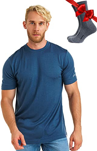 100% Merino Wool T Shirt Mens - Merino Wool Base Layer Men + Hiking Socks (Medium, Denim)