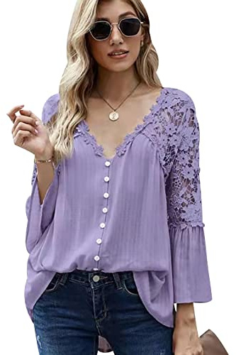 Blusa Pizzo Donna Elegante Chiffon Scollo V Bluse Donna Blouses Camicetta Camicette Donna Top Maniche Lunghe Donna Tunica Blusas Oversize Camicia Maniche Sbuffo Camicie Casual Donna Larghe Viola M
