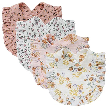Nishine 4 PACK Ensemble de bavoirs en mousseline solide pour bébés unisexe garçons filles coton ajustable bavoirs de dentition pour l'alimentation baveuse(Set de fleurs)