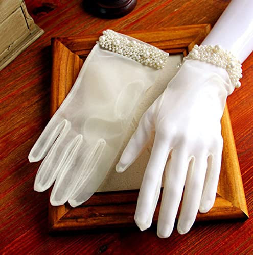 LUMoony 1 Paar Damen Kurz Satin Handschuhe Braut Handschuhe Gaze mit Fingern Perlen Handschuh Brautkleid Zubehör Vintage Handschuhe Elastisch Lace Hochzeit Party Abend Handschuhe