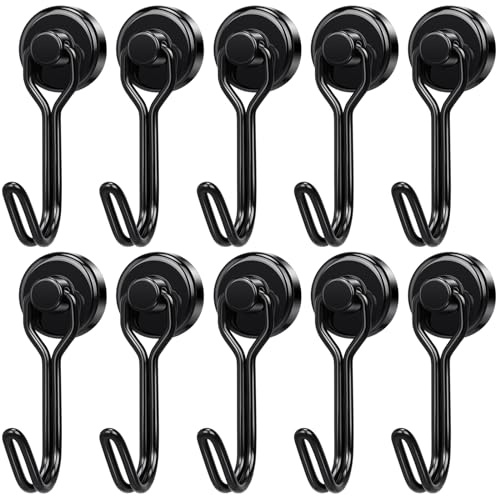 Wukong 16mm Neodym Magnethaken Extra Stark, 10 Stück Schwarz Magnet Haken Sehr Stark, 9KG(20LB) Starke Magnete mit Haken, Silwy Haken für Camping, Lager und Küchen