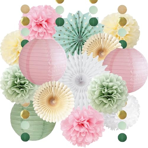 Lanterne di carta verde salvia e rosa decorazione per feste rosa salvia pompon di carta crema ventagli di carta verde salvia decorazioni per feste ghirlanda a pois per donne ragazze compleanno