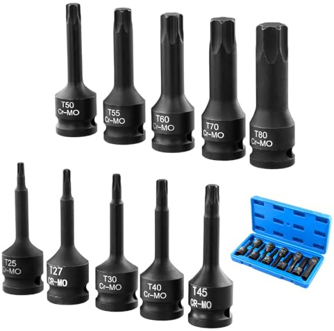 QWORK® Juego de 10 Llaves de Vaso de Impacto, Puntas Estrella T25 - T80, Accionamiento de 1/2, Acero al Cromo Vanadio