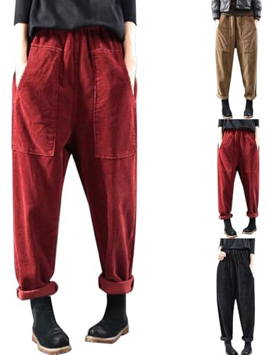 Pantalones de pana elásticos para mujer, pierna ancha, pantalones de tiempo libre para mujer, de algodón, pantalones de invierno, informales, pantalones harén para correr, pantalones de goma con