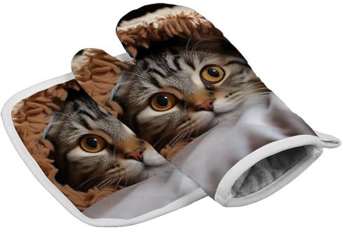 Cat Under Blanket Oven Mitts and Pot Holders Set Heat Resistant Kitchen Oven Glove Insulated Potholders with Hanging Loop Non-Slip Cooking Gloves for Baking Grilling