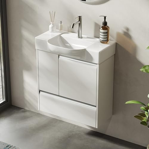 BRIDGE BENO Set Di Mobili Da Bagno Da 60 cm – Mobiletto Per Wc Ospiti, Mobiletto Sottolavabo Con Cassetto a Chiusura Ammortizzata E 2 Ante, Contenitore, Bianco Opaco