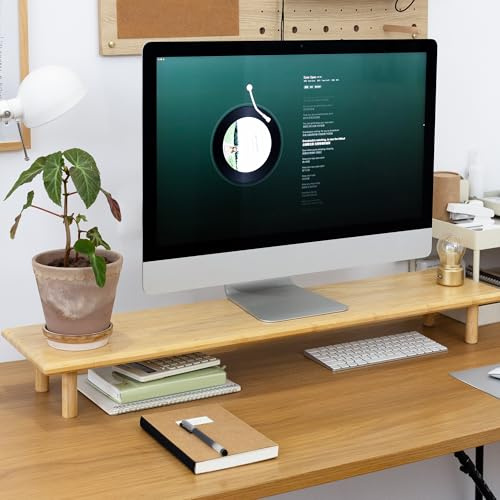 ROCDEER Bamboo Dual Monitor Ständer mit Ablagefach - Ergonomischer Schreibtischorganizer fürs Home Office, WFH & Remote Worker (Passt für 2 Monitore, Bürozubehör darunter)