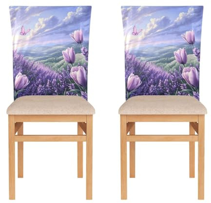 KLL Set di 6 coprischienale per cerimonia (scenario), lavabili e foderati, con tulipani viola e fiori di lavanda