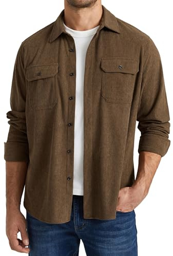Enlision Mens Corduroy Shirt Long Sleeve Casual Button Down Overshirt Lightweight Shacket with Flap Pockets Vintage Workwear Style Layering Top Brown XL