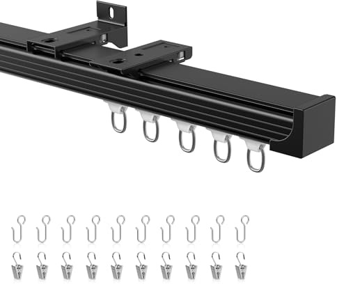 Ceiling Curtain Track 6–9 ft Black - Heavy Duty Ceiling/Wall Mount Curtain Rail/Rod System, 30 Quiet-Glide Rollers, 30 Hooks, 30 Clips, Room Divider for Living Room, Bathroom or Hospital