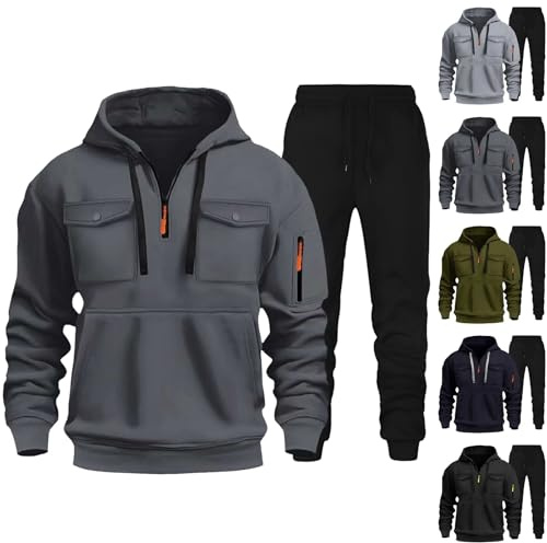 CEWIFO Tuta Mimetica da Caccia Impermeabile Lavoro Uomo Completa Invernale Cappuccio Felpa di Coppia Stitch Girocollo Cotone Jacket per Freddo Pantaloni Lino Nero
