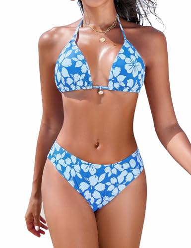 Nadeer Costume da Bagno Donna Due Pezzi Bikini Set Triangolo Sexy Halter Reggiseno Costumi da Bagno 2 Pezzi a Vita Alta Abiti da Spiaggia Costumi Mare e Piscina(Fiori Azzurri,M)