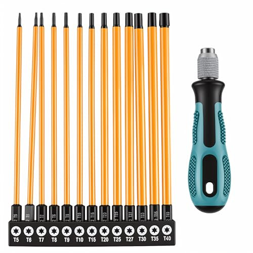 14 delars Torx-skruvmejsel set lång, 150 mm magnetiska Torx-bits med hål och grepp, T5–T40, 1/4″ sexkantig skaft för ackumulatordrills