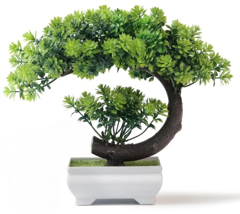 yoerm Små falska växter – plast konstgjord bonsai träd smaragdgrön dekor för hem sovrum vägghylla kontor skrivbord bondgård rumsdekor, lång 21,5 cm