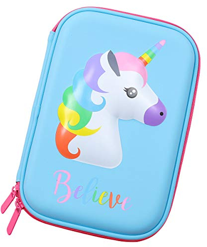 Federmäppchen mit niedlichem Einhorn-Motiv, Federtasche mit mehreren Fächern, Kosmetiktasche für Mädchen, Etui hellblau