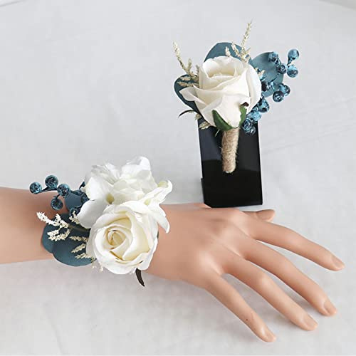 Fouriding Hochzeit Bouquet Vintage Style cremig weiß blau Rose Braut Braut künstliche Bouquet Brautjungfer Hochzeit Dekoration Sträuße (Corsage Handgelenk-Set)