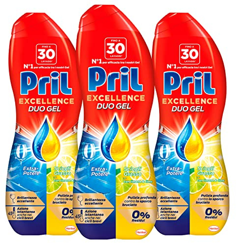 Pril Excellence Duo Geschirrspülgel Reinigungsgel für Spülmittel, Zitronenreinigung, Fettlösung, Tiefenreinigung gegen verbrannten Schmutz, 0 % Rückstände bei niedrigen Temperaturen, kurze Zyklen – 3