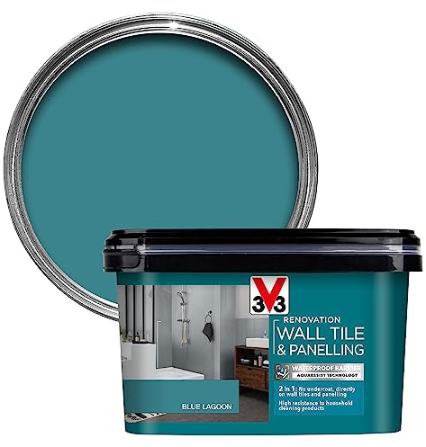 V33 Renovation Wall Tile & Panelling Paint - No Undercoat Needed - For High Moisture Surfaces - Resistant To Temperature Variations - Lagoon Blue Satin 2 Litres