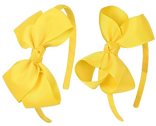 DEEKA 2 PCS 4 Yellow Bow Headband Grosgrain Ribbon Hair Bows for Toddlers Hair Band Accessories for Little Girls Kids Set of 2 -Yellow