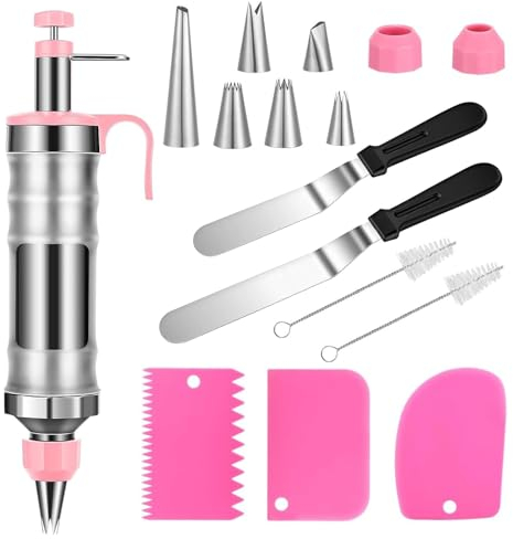 TAKUZA Garnierspritze Edelstahl 14-Teiliges Set, Tortenspritze Garnierspritze Profi Edelstahl, zum Dekorieren von Kuchen mit 6 Tüllen, mit Transparentem Behälter, für Cupcakes, Gebäck(Rosa)