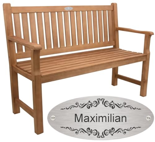 Sterngraf Bank zum Ruhestand mit Gravur-Schild zB. Ranke Ornament (Name), Gartenbank 120cm Holz Armlehnen-Bank, Edelstahlschild personalisiert Geschenk-Idee für Rentner zur Pensionierung
