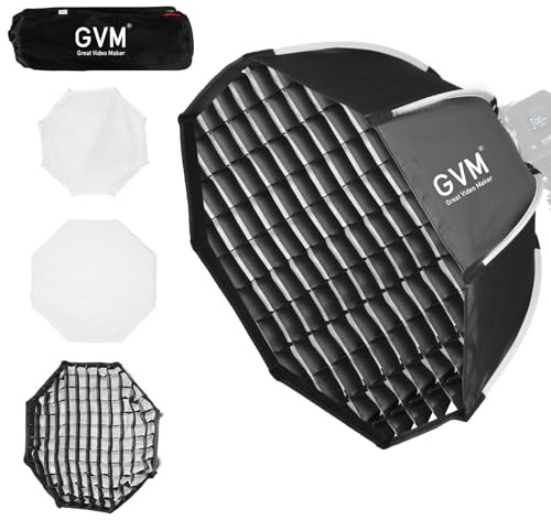 GVM Boîte à lumière souple Bowens de 62,5 cm, boîte à lumière à dégagement rapide de 65 cm et grille en nid d'abeille, compatible avec les lampes vidéo GVM